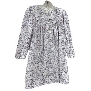 NWOT Eileen West 100% Cotton Knit White Purple LS Short Nightgown Lace Sz Small